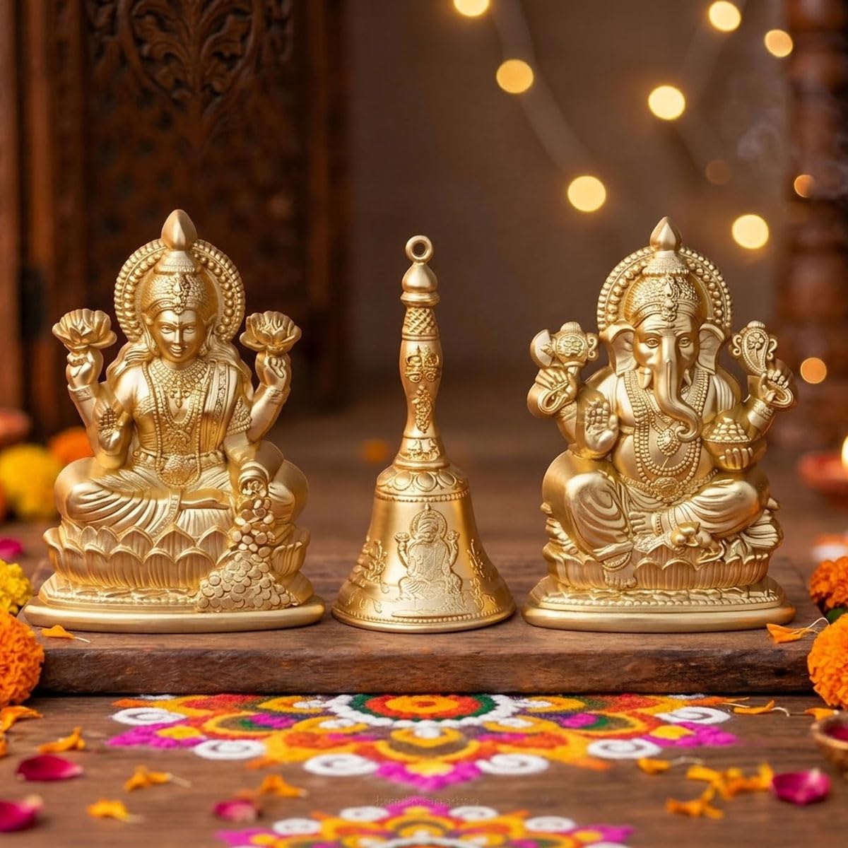 Diwali Laxmi Ganesh Idol Set with Golden Bell - Image 2