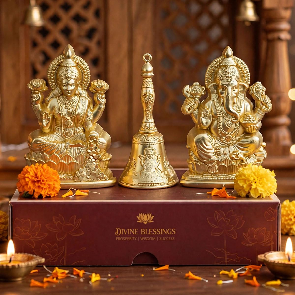 Diwali Laxmi Ganesh Idol Set with Golden Bell