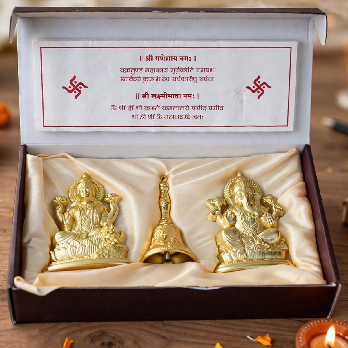 Diwali Laxmi Ganesh Idol Set with Golden Bell - Image 3
